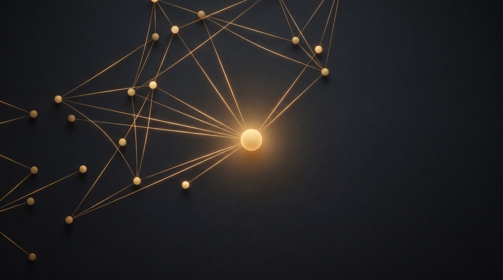 A scatter of golden nodes resolving toward one bright central point — many functions, one shared model of the business.